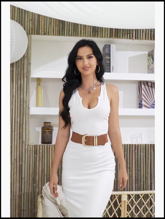 Wide Elastic Waist Belt with Gold Buckle for Dresses main image 5